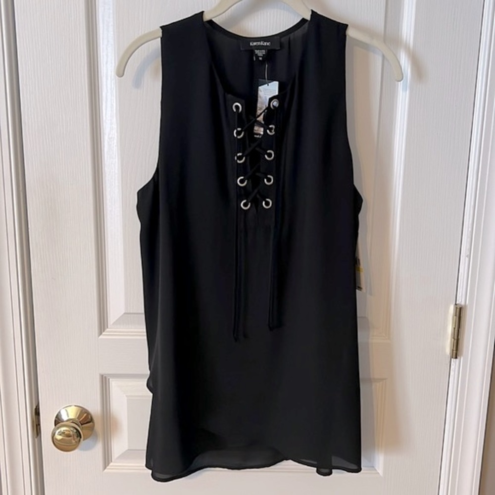Karen Kane Asymmetrical Lace Up Crepe Tank Black Size M